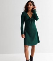 New Look Petite Dark Green Crinkle Jersey Long Sleeve Tie Front Mini Dress